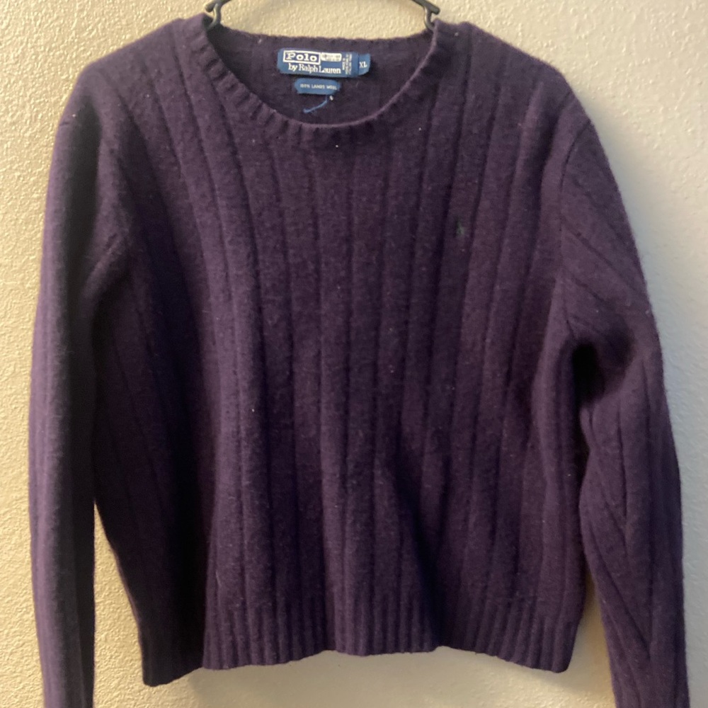 Polo Ralph Lauren Vintage Italian 100% Lamb Wool Knit Sweater XL Purple V-Neck